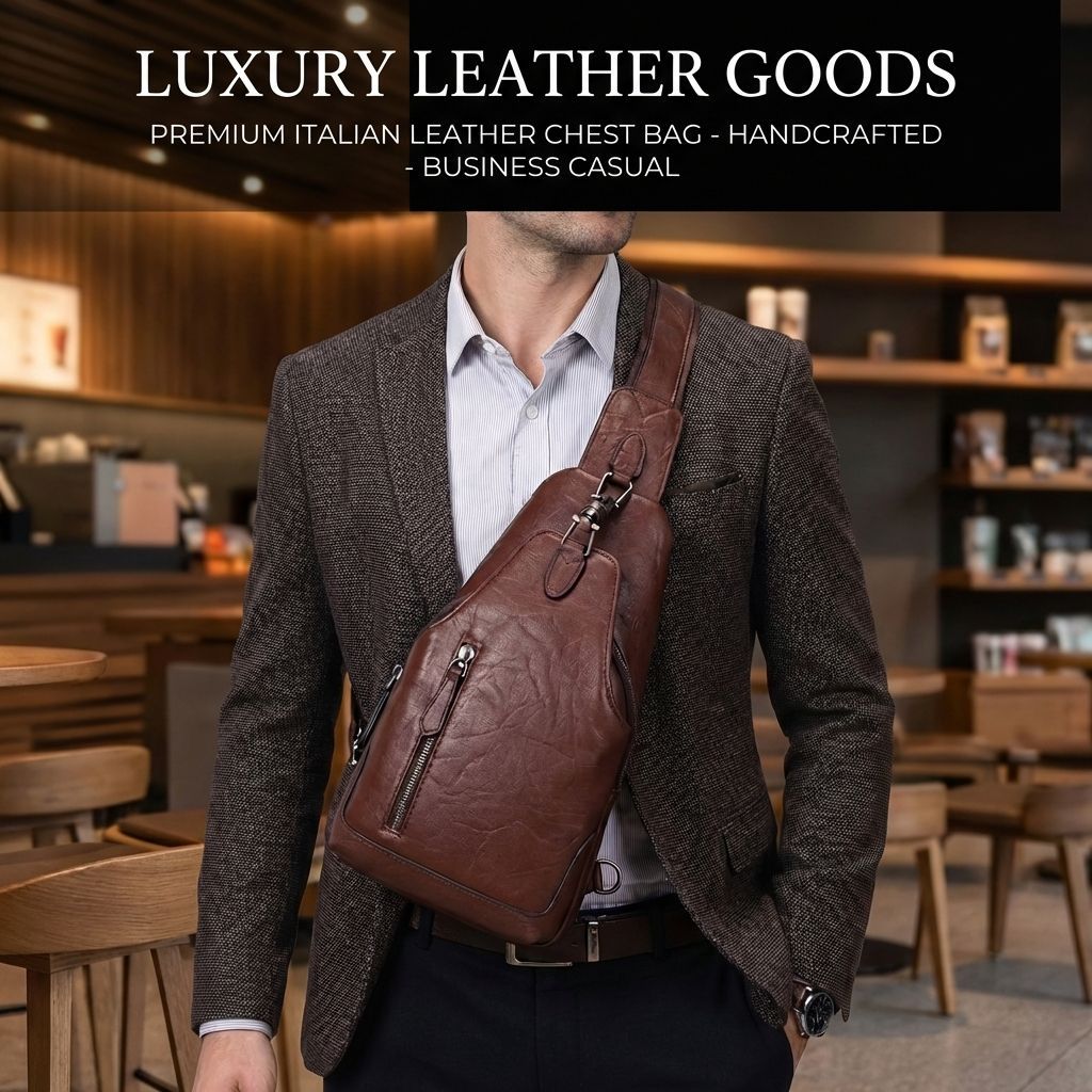 Men's Genuine Leather Crossbody Chest Bag with Lock