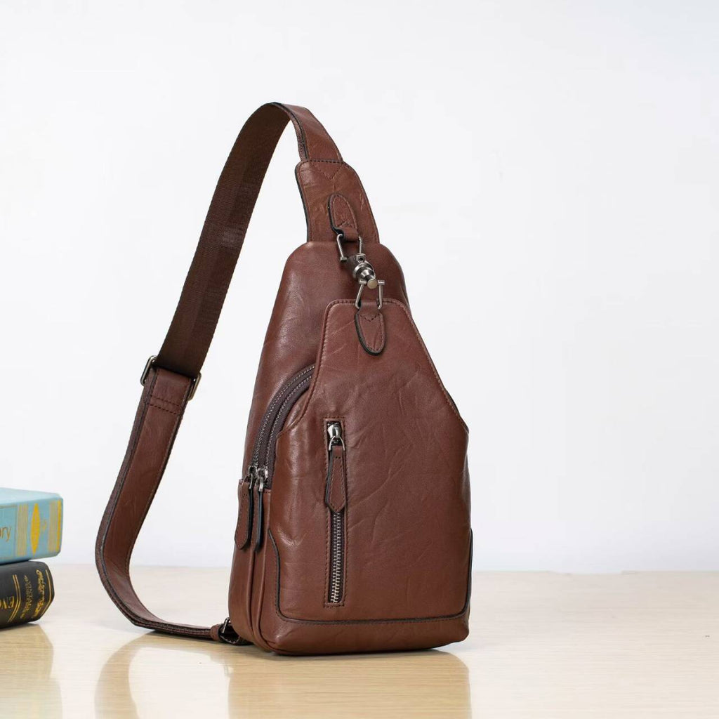 Men's Genuine Leather Crossbody Chest Bag with Lock