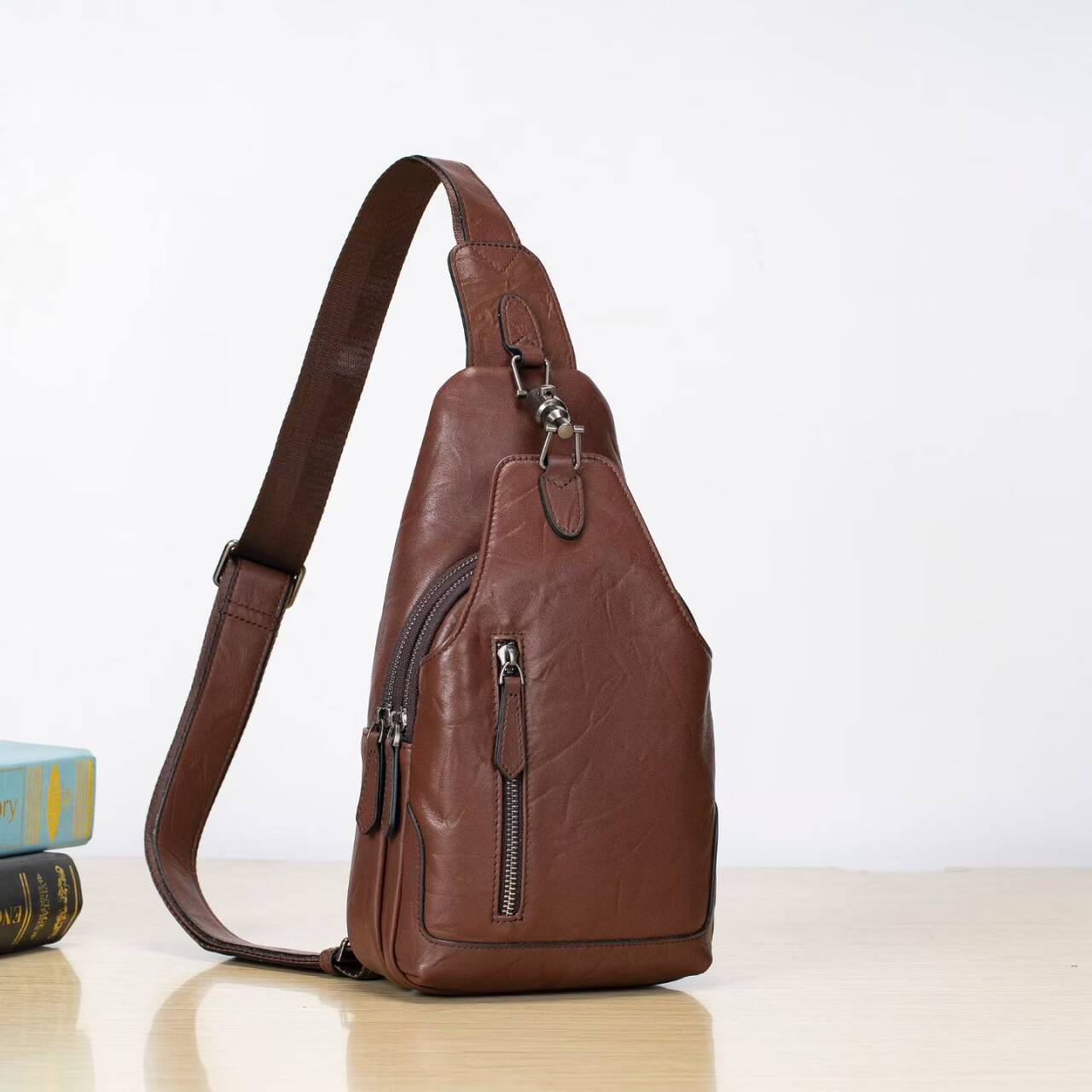 Men's Genuine Leather Crossbody Chest Bag with Lock