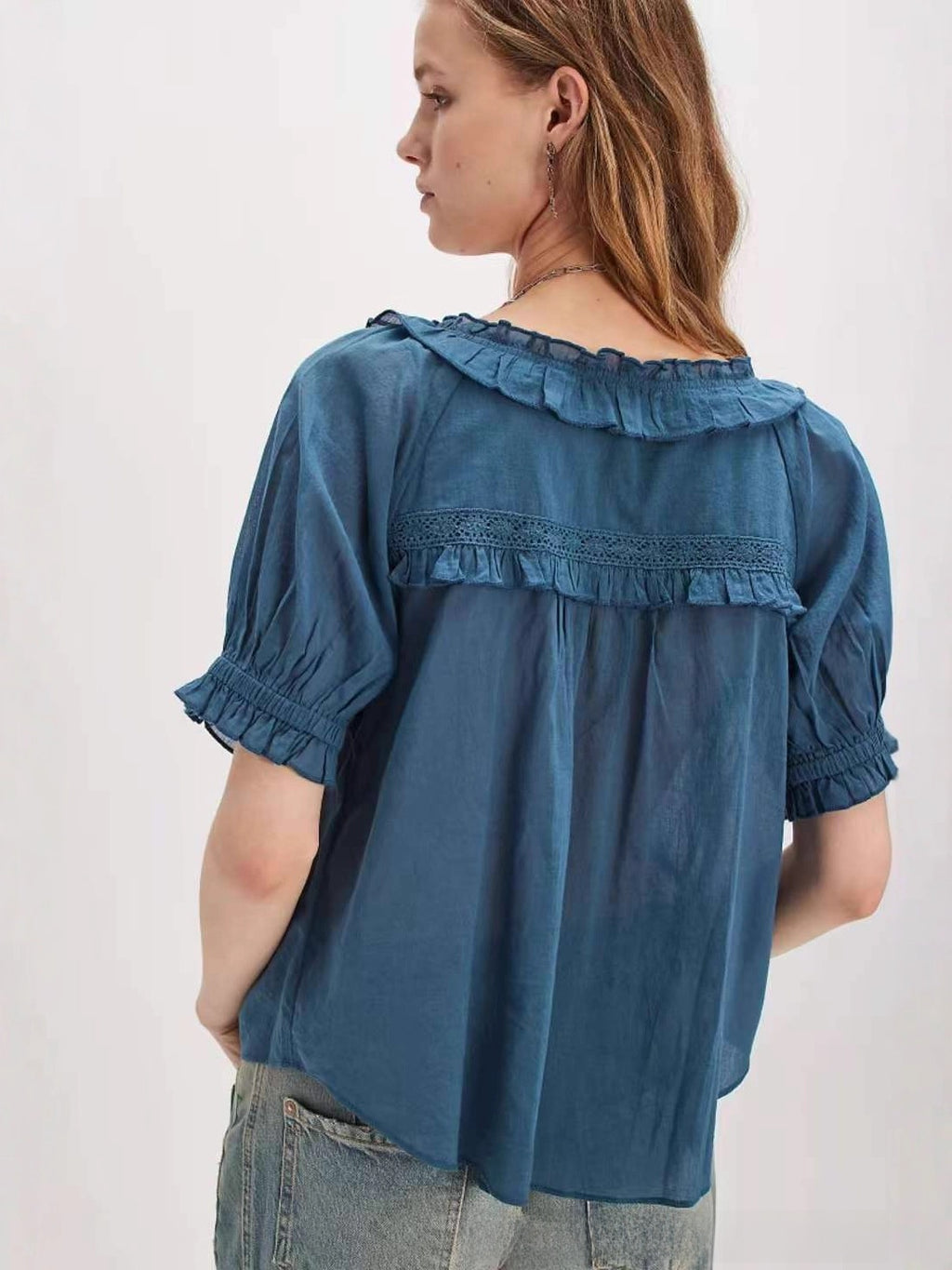 Vintage Doll Collar Lace Trim Cotton Shirt